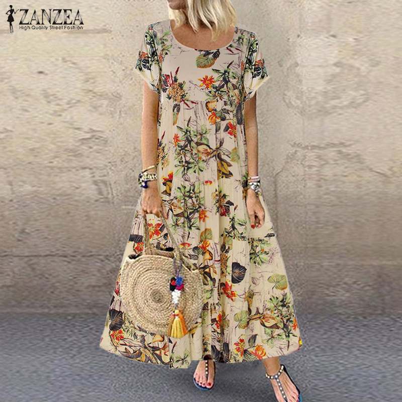 ZANZEA 2023 Summer Dress Women Vintage Floral Printed Short Sleeve Sundress Ladies Bohemian Party Long Vestido Robe Loose Dress