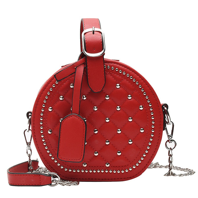 Bolso de hombro Circular con remaches de cadena a la moda para mujer, bandolera cruzada de piel sintética para mujer, bolso de mano redondo para mujer