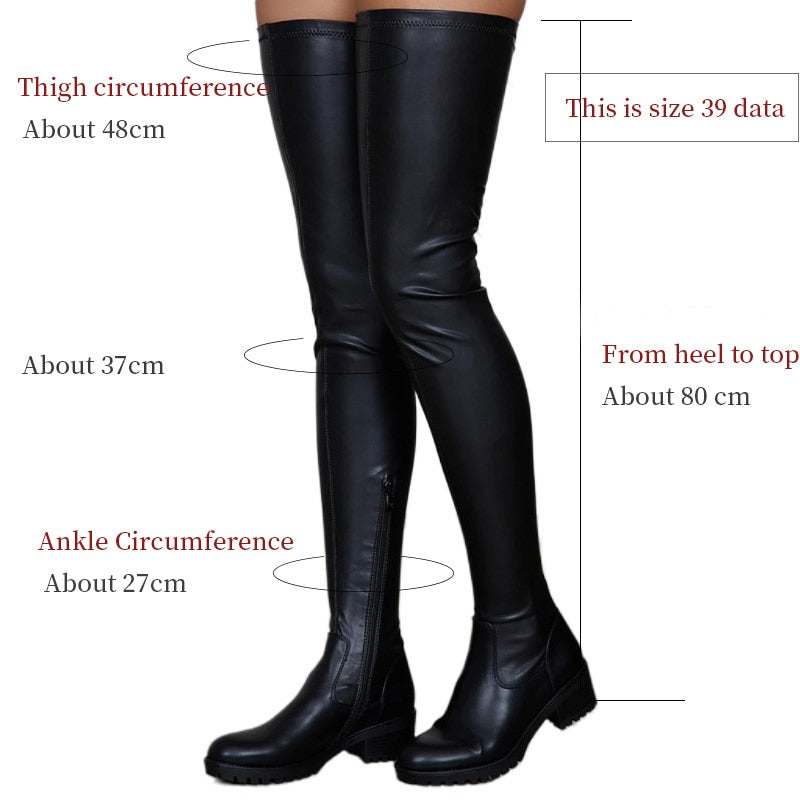 Frauen Schuhe Schwarz Oberschenkel Hohe Stiefel Neue Herbst Pu Leder Niedriger Absatz Bequeme Schuhe Overknee Wasserdichte Stiefel Damenschuhe