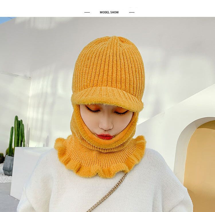 2021 Warm Neck Knit Hat Fur Pompoms Hat Mask Winter Hat For Girl Wool Knitted Hat Female Balaclava Caps Gorras Bonnet