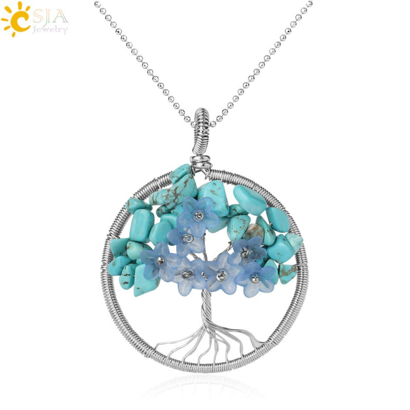 CSJA Tree of Life Pendant Necklace Natural Stone Silver Color Wire Wrap Quartz Crystal Chip Bead Flower Reiki Jewelry Women G306