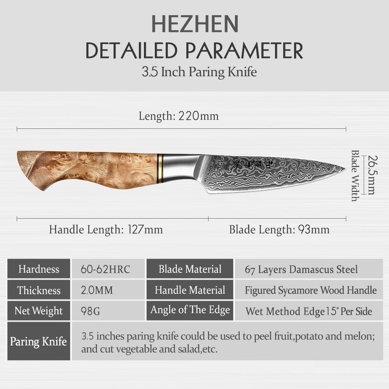 HEZHEN 3.5 inch Paring Knife Real 67 Layer Damascus Super Steel Cook Knife Super anti rust Sharp Blade Fruit Kitchen Knife