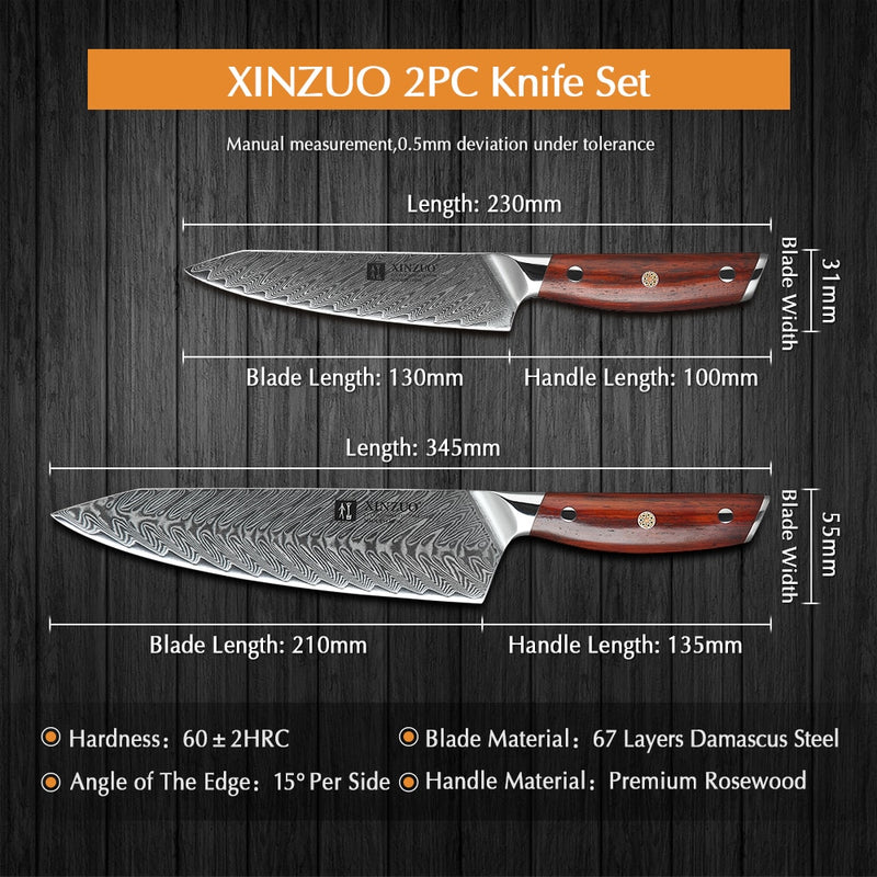 XINZUO, 2 uds., cuchillo de cocina, juegos de cocina de marca, cuchillo de acero de Damasco de alta HRC, cuchillos de cocina para Chef, herramientas de cocina, mango de palisandro