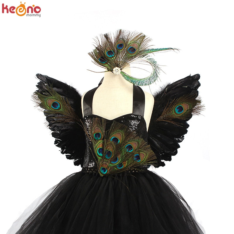 Fancy Pfauenfeder Mädchen Festzug Tutu Kleid mit Flügel Kinder Deluxe Pfau Tutu Kostüm Kleid Abend Party Halloween Kleidung