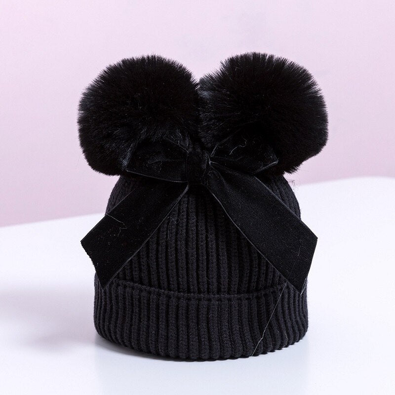 Winter Double Pompom Knitted Hat For Kids Girls Warm Thick Baby Caps With Bow Children&