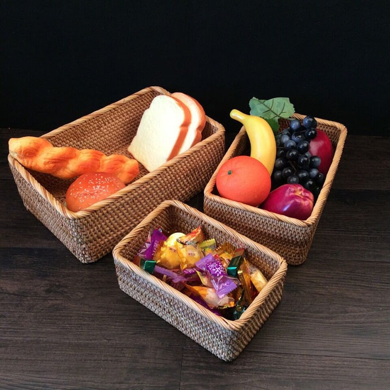 Handgewebter Rattankorb Aufbewahrungsbox Körbe zum Organisieren von Gemüse Obst Aufbewahrungsbox Organizer Cestas De Almacenamiento De
