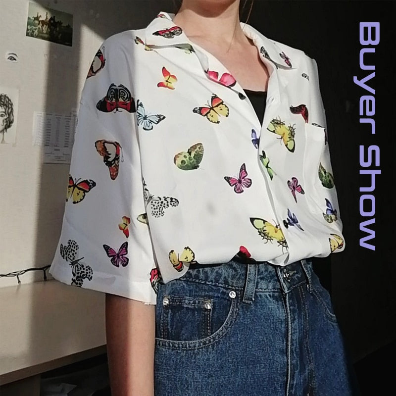 Chic Vitage Kurzarm Lose Frauen Bluse Shirt Y2K Schmetterling Drucken Button Up Taschen Damenhemden 2022 Sommer Y2K Tops