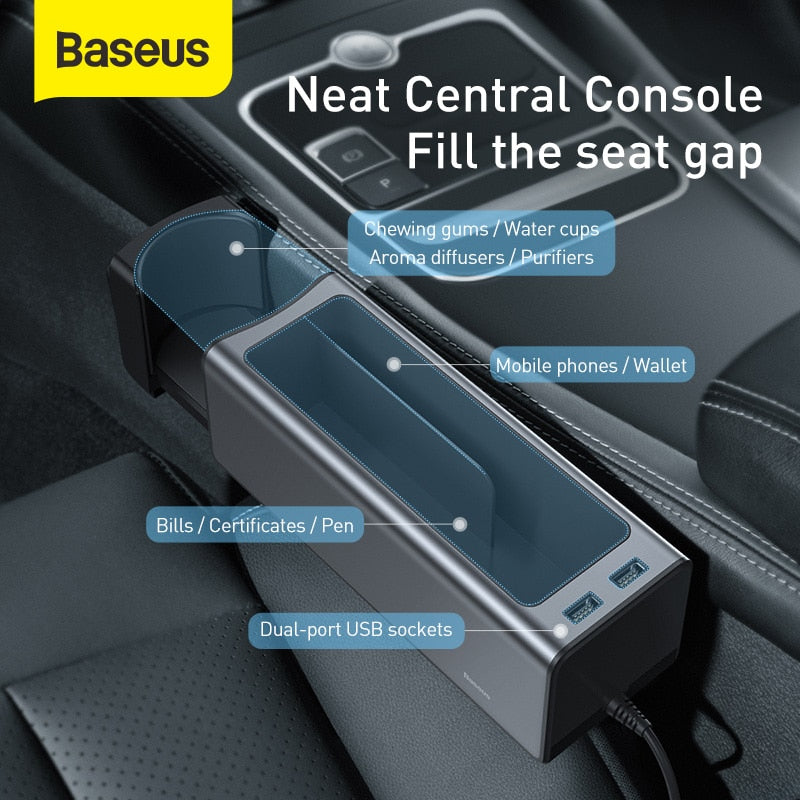 Baseus Autositz-Organizer Auto-Aufbewahrungsbox Seat Gap Aufbewahrungsbox mit zwei USB-Anschlüssen für Kartenbecherhalter Autozubehör