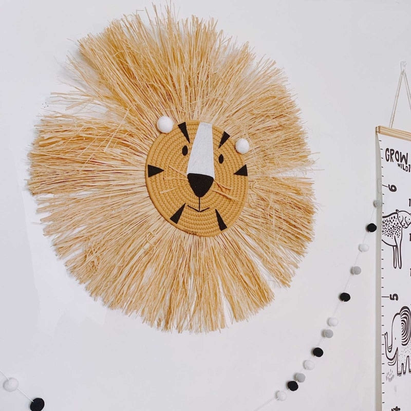 Cartoon Lion Hanging Decorations Handmade Cotton Thread Weaving Animal Head Ornament Kids Room Wall Home Accessory 60cm