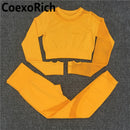 Conjunto de Yoga para mujer, ropa de gimnasio, traje deportivo, Top corto de manga larga calado sin costuras, mallas de entrenamiento de cintura alta, ropa deportiva