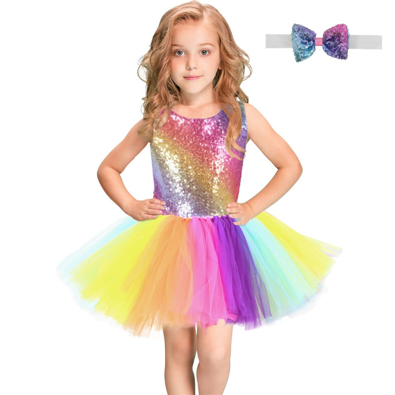 Regenbogen Pailletten Tutu Kleid für Kinder Mode Rückenfreies Ärmelloses Tüll Kleid Mädchen Kleidung Bunte Kinder Mädchen Partykleid 2-8