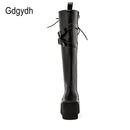 Gdgydh Mode Frauen Stiefel Cross Strap PU Leder Herbst Winter Kniehohe Stiefel Damen Dicke Sohle Plateauschuhe Punk Gothic