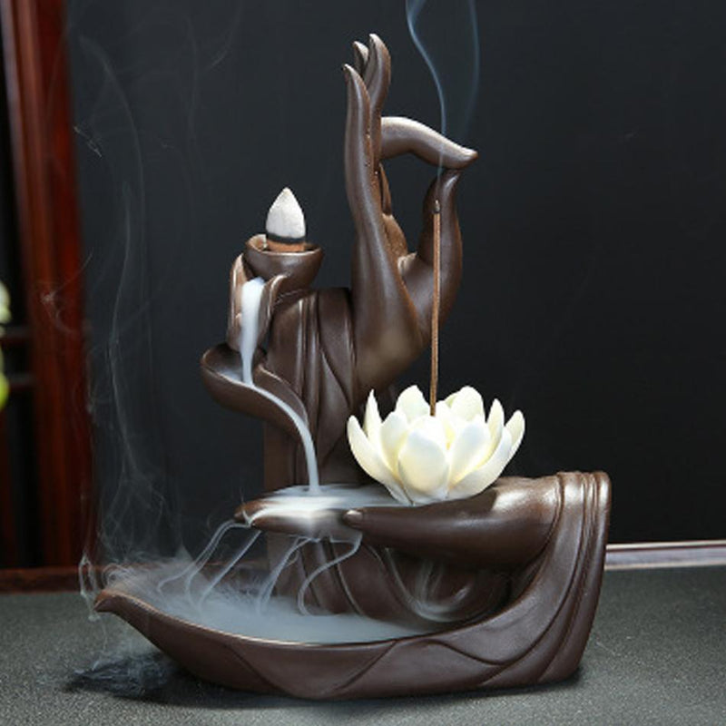 Zen Buddha Hand Räuchergefäße Rückfluss Räuchergefäßhalter Lotus Home Decor Räucherstäbchen Aromaturm Räuchergefäß mit 20 Kegeln
