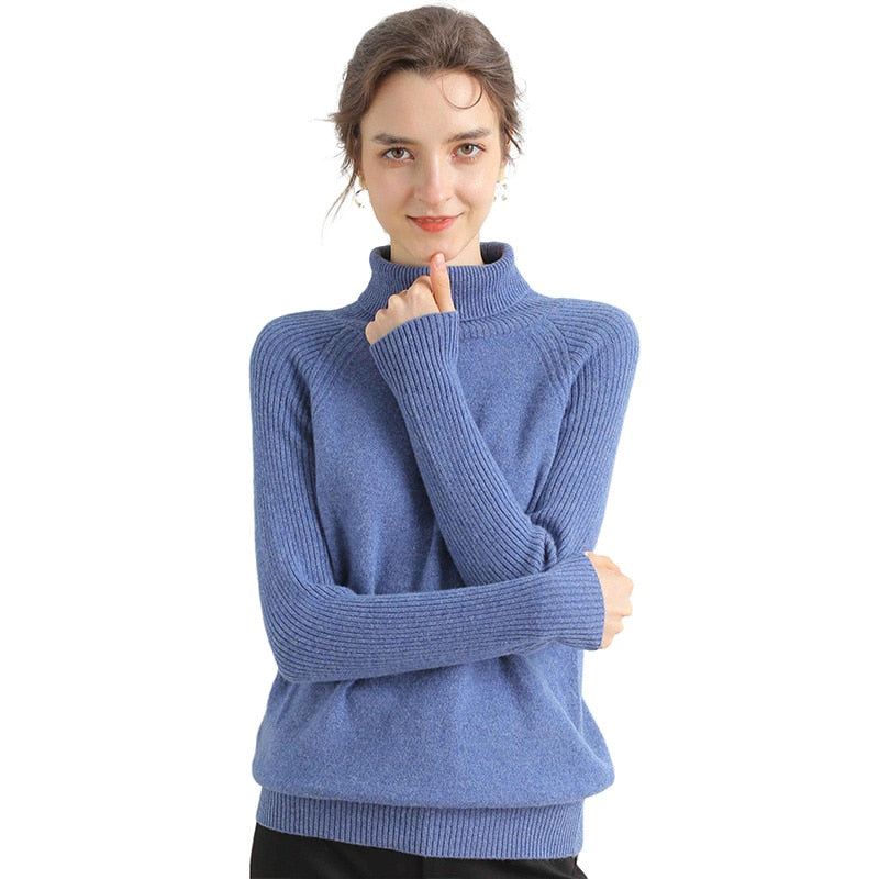 Suéter de Cachemira de lana Merino de cuello alto para mujer, suéter de manga larga para otoño e invierno, jersey de punto para mujer, suéter para mujer