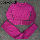 Conjunto de Yoga para mujer, ropa de gimnasio, traje deportivo, Top corto de manga larga calado sin costuras, mallas de entrenamiento de cintura alta, ropa deportiva