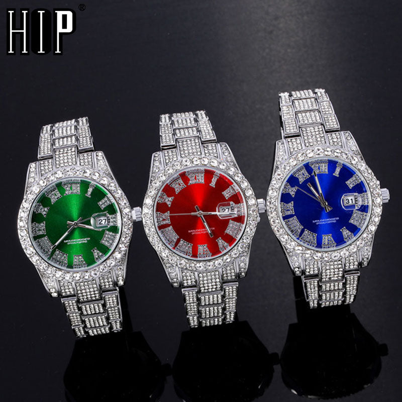 Hip Hop Full Iced Out Mens Watches Luxury Date Quartz Wrist Watches With Micropaved Cubic Zircon Watch For Women Men Jewelry