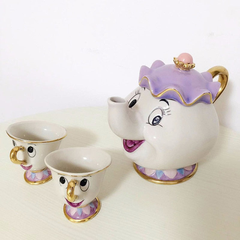 Taza de tetera de La Bella y La Bestia de dibujos animados, juego de tazas de té con Chip de la Sra. Potts, regalo de porcelana Cogsworth, esmalte pintado chapado en oro de 18 quilates