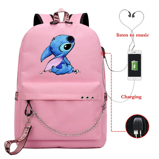 Disney Kawaii Stitch Bag Zipper USB Charging Mochila Capacity Backpack Women Kpop School Bags for Teenage Girls Students