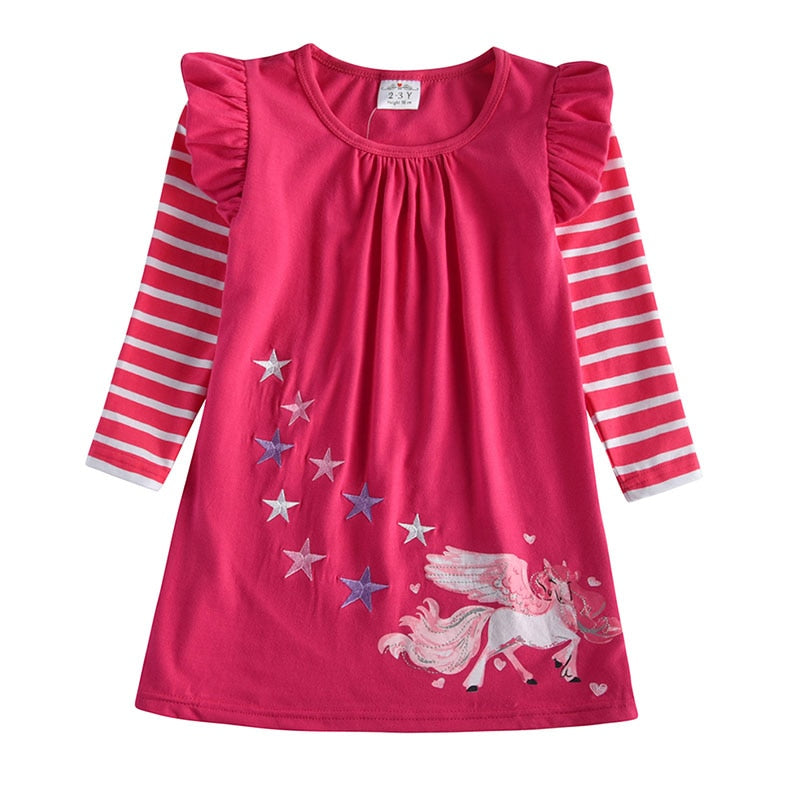 DXTON, vestidos de invierno para niñas, manga voladora, unicornio, vestido para niños, rayas de estrellas, ropa de algodón para niños pequeños, vestido informal para niñas