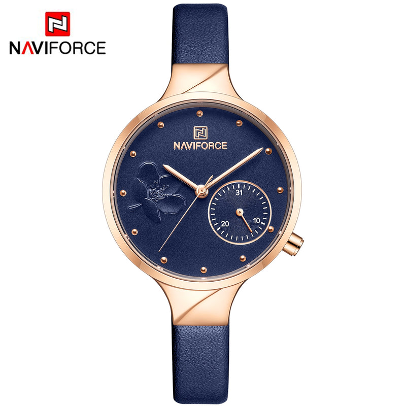 NAVIFORCE Women Fashion Blue Quartz Watch Lady Leather Watchband High Quality Casual Waterproof Wristwatch Gift for Wife 2019