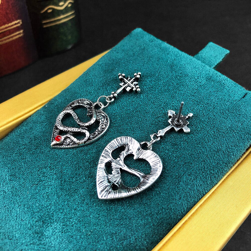 Style Dark Punk Gothic Vintage Ancient Silver Color Cross Hollow Heart-Shaped Snake Ear Stud Dangle Earrings
