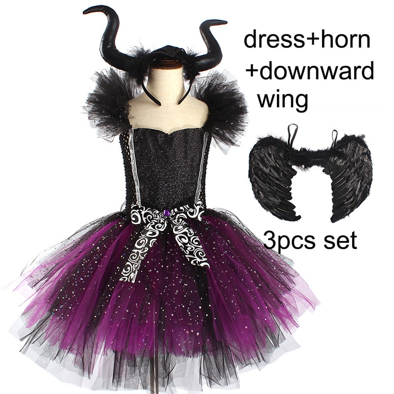 Girls Evil Dark Fairy Witch Tutu Dress with Horns and Wings Sparkly Kids Halloween Cosplay Party Costume Fancy Evil Devil Dress