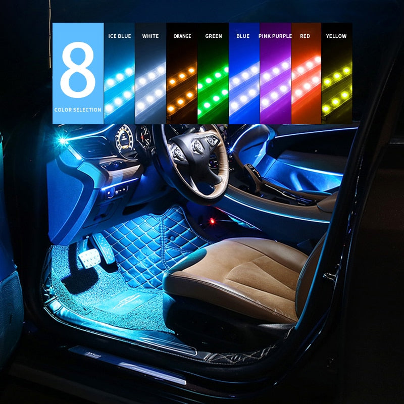 LED Car Foot Light Ambient Lamp USB APP Remote Music Control Multiple Modes Automotive Interior Decorative Lights