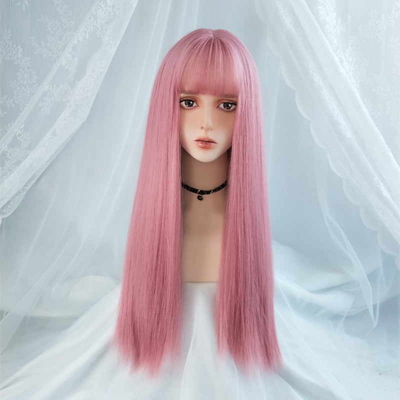 VICWIG Cosplay-Perücke mit Pony Synthetisches glattes Haar 24 Zoll lange hitzebeständige rosa Perücke für Frauen