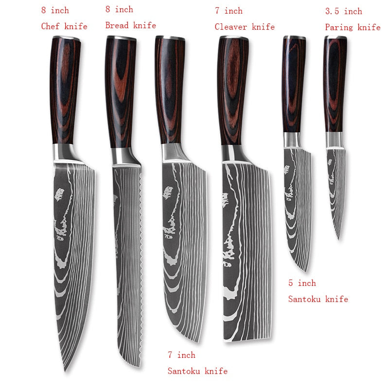 3/4/5/6/8/9Pcs/set Stainless Steel Damascus Pattern Chef Knives Set Kitchen Knife Set Butcher Boning Knife Vegetable Knives