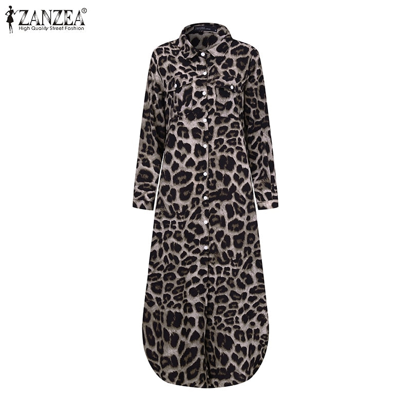 ZANZEA Party Holiday Longue Robe Mujer Otoño Moda Camisa Vestido Casual Vintage Leopardo Vestidos Mujer Solapa Vestidos Largos