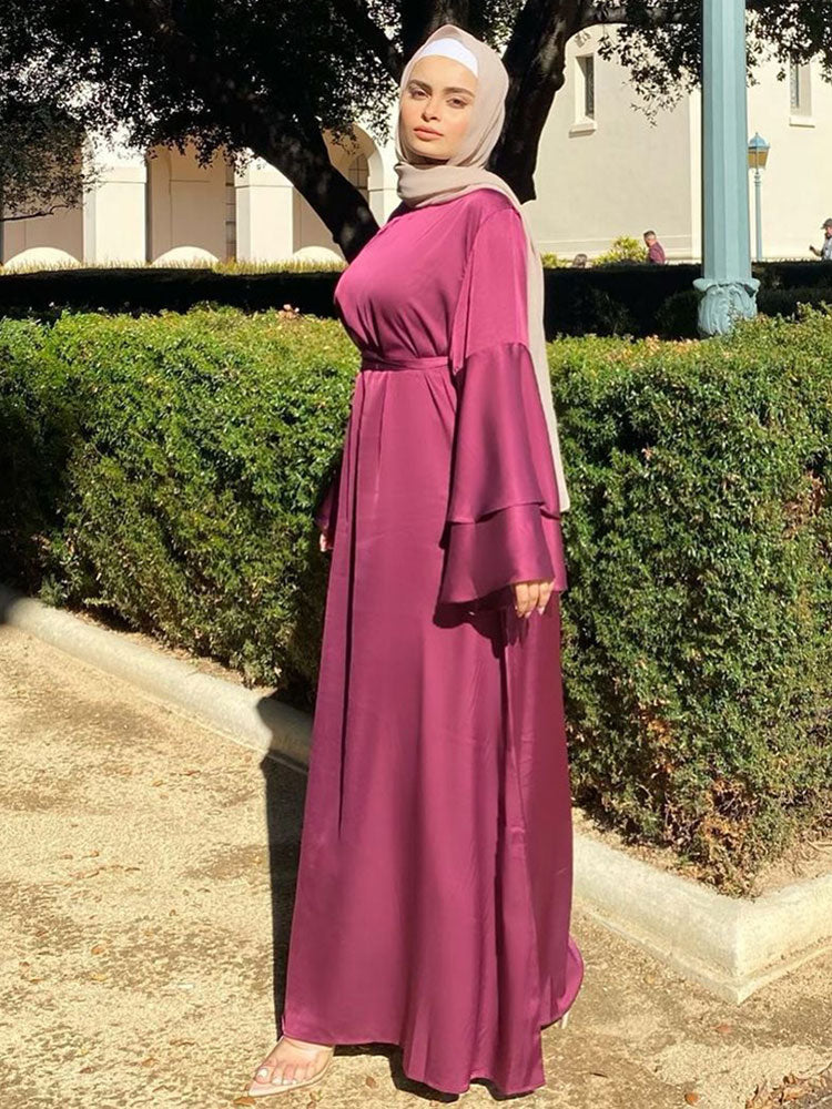 Soft Satin Long Dress Dubai Abaya Women Summer Long Flare Sleeve Belted Hijab Robe Muslim Islam Arab Turkey Clothes Ramadan