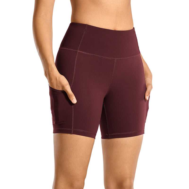 SYROKAN Atmungsaktive Luxus-Nacktgefühl-Sportshorts für Damen, hohe Taille, Bauchkontrolle, Shorts mit Seitentaschen, 15,2 cm