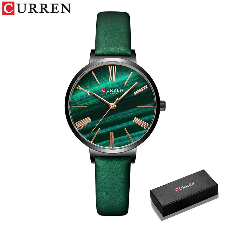 CURREN Mode-Luxusuhren für Frauen Malachit-Grün-Quarz-Kleid-Armband-Armbanduhr mit weiblicher Uhr aus Leder