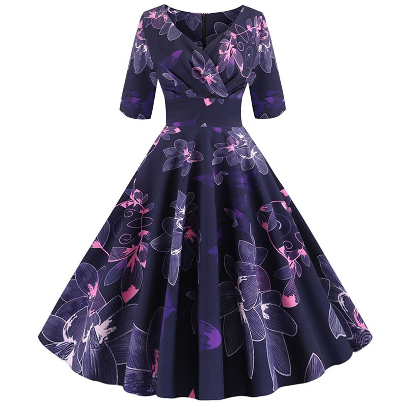 Frauen Blumendruck Herbstkleid Casual Winter halbe Ärmel Elegantes Vintage Kleid Robe Femme Pinup Büro Party Vestidos