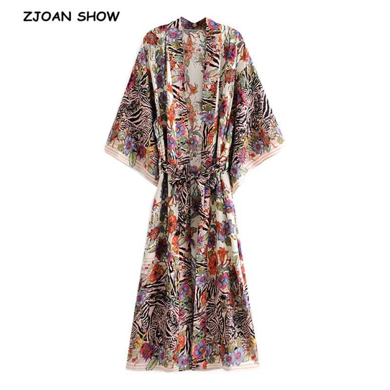 2021 Bohemia Locate Blumendruck Langes Kimonohemd Hippie Frauen Schnürung Schleife Schärpen Strickjacke Lose Bluse BOHO Tops Urlaub