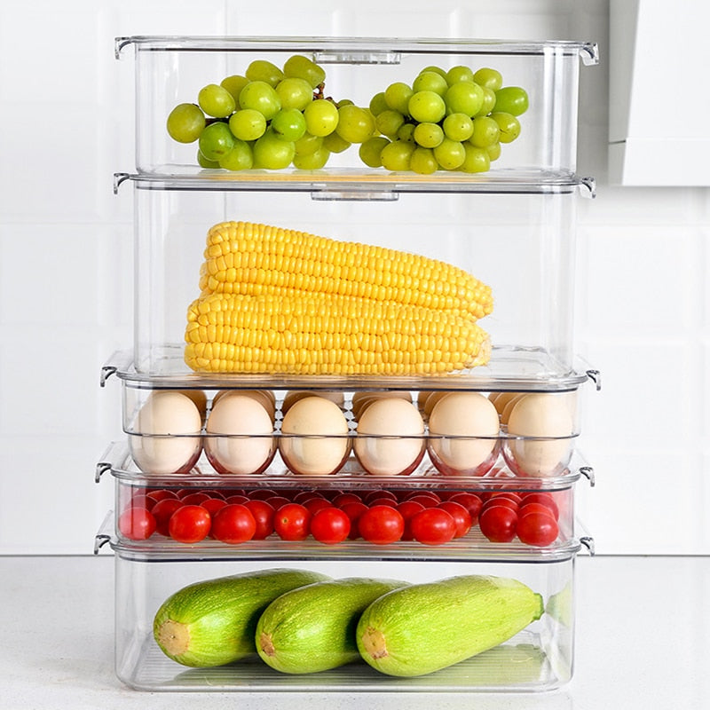 Kühlschrank-Lebensmittelbehälter mit Abtropffläche, Küche, Gemüse, Obst, frische Aufbewahrungsbox mit Deckel, Kühlschrank, stapelbarer Organizer
