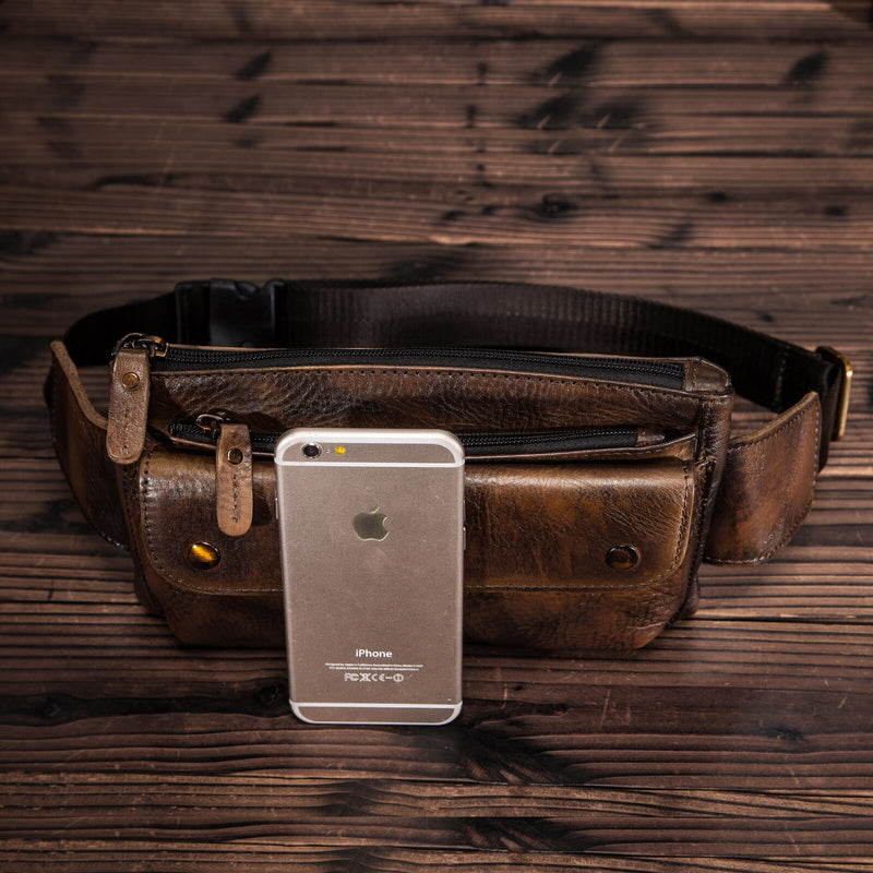 Cowhide Leather men Casual Fashion Travel Fanny Waist Belt Bag Chest Sling Bag Design Bum 7&quot; Phone Case Pouch Male 8136-G