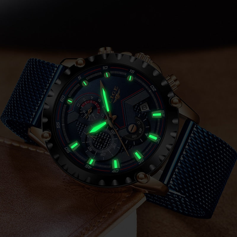 ¡Novedad de 2022! Reloj LIGE azul informal con correa de malla, reloj dorado de cuarzo a la moda para hombre, relojes de marca superior de lujo a prueba de agua, reloj Masculino