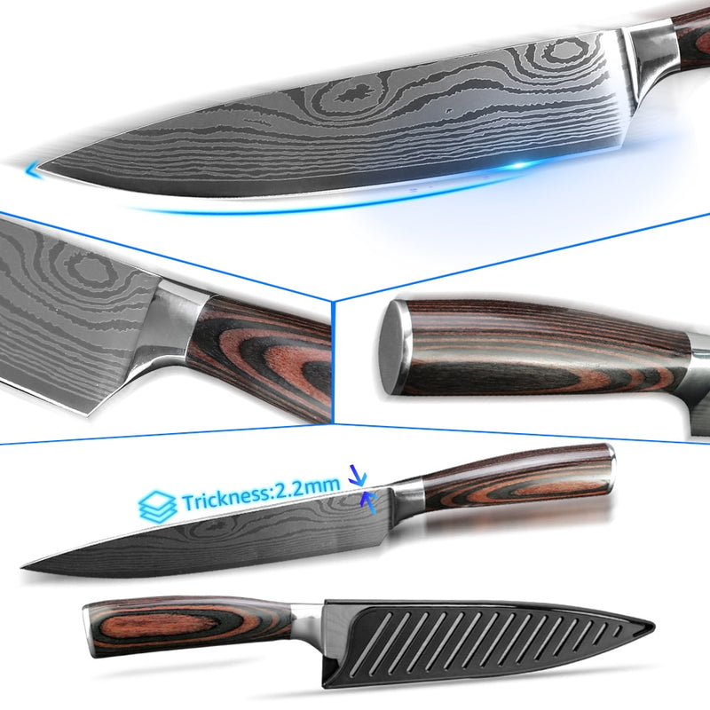 Cuchillo de cocina 1-9 Uds cuchillos de Chef 7CR17 440C acero inoxidable de alto carbono Damasco dibujo Gyuto Cleaver Set rebanador cuchillo Santoku