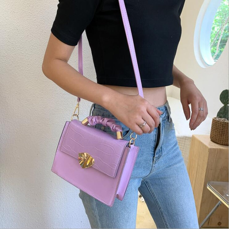 Bolso pequeño de moda, bolsos de hombro de cuero PU de diseñador para mujer, bolsos cruzados con patrón de piedra, bolso de mujer con solapa sólida