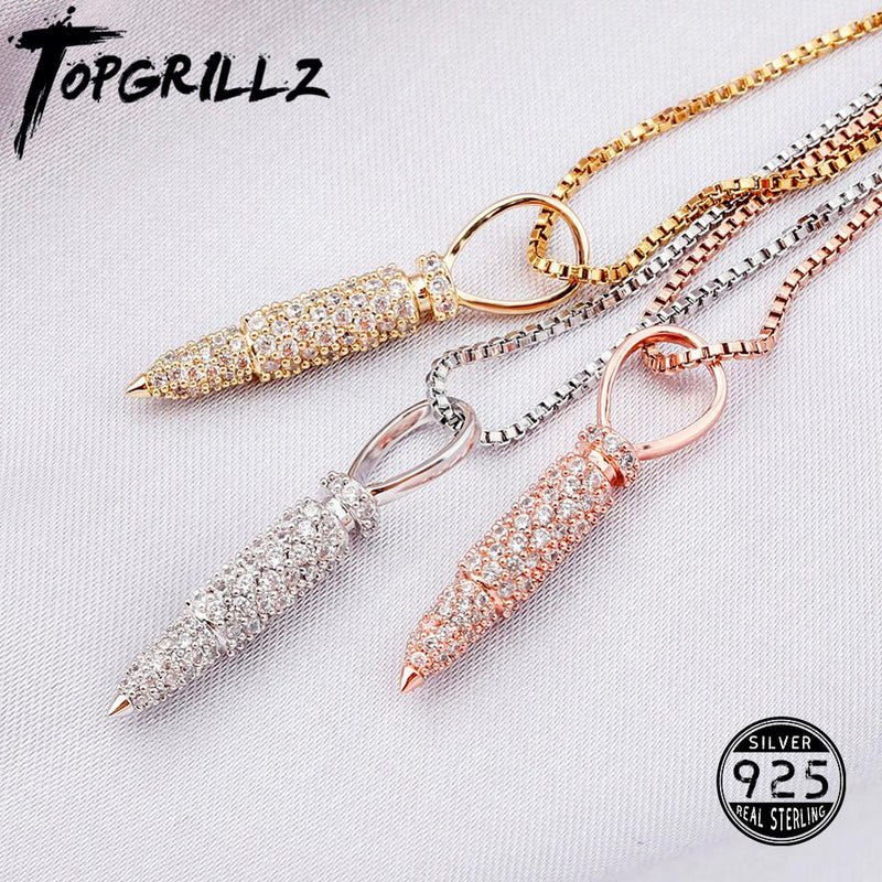 TOPGRILLZ Iced Zircon Bullet Case Pendant 100% 925 Sterling Silver Colgante Collar Cadena Hip Hop Joyería