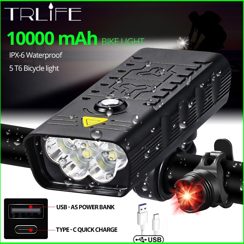 10000 mAh Fahrradlicht USB wiederaufladbar 5000 Lumen Fahrradscheinwerfer 6T6 LED Superhelle Taschenlampe Vorderlichter und Rücklicht