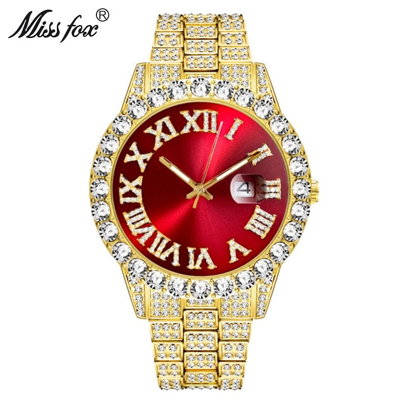 MISSFOX Herrenuhr 2020 Meistverkaufte Luxusmarke Blaues Zifferblatt Gold Herrenmode Uhren Herren Big Diamond Armband Luxusuhr Herren