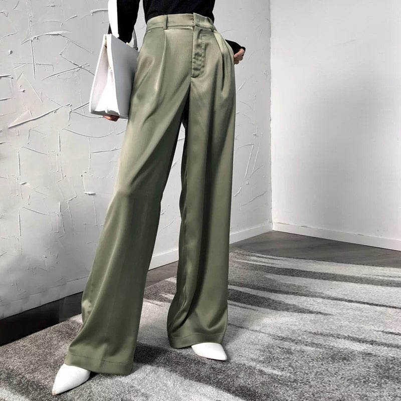 Bella philosophy Maxi Pants For Women High Waist Zipper Pocket Summer Vintage Street Wear Long Trouser Glossy Satin Elegant Pant