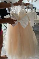 Gardenwed Ivory Lace Blumenmädchen Geburtstag Bankett Rückenfrei Schleife Schärpen Applikation Süßes Mädchen Kommunion Kleid robe fille enfant