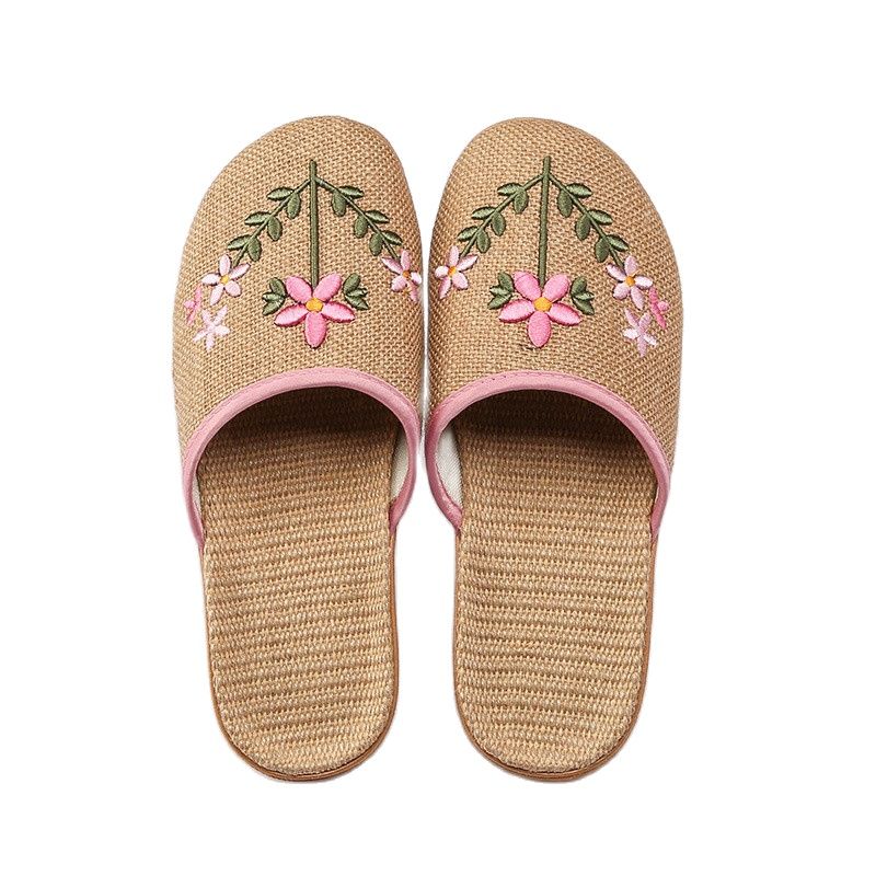 Suihyung New Women Breathable Flax Indoor Slippers Embroider Floral Linen Home Slip On Ladies Summer Non-Slip Fat Beach Shoes