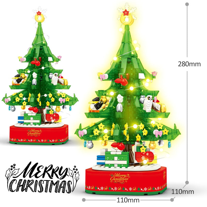 Christmas Theme Rotating LED Shining Music Box Building Blocks DIY City Friends Tree House Bricks Toys For Children Xmas Gifts