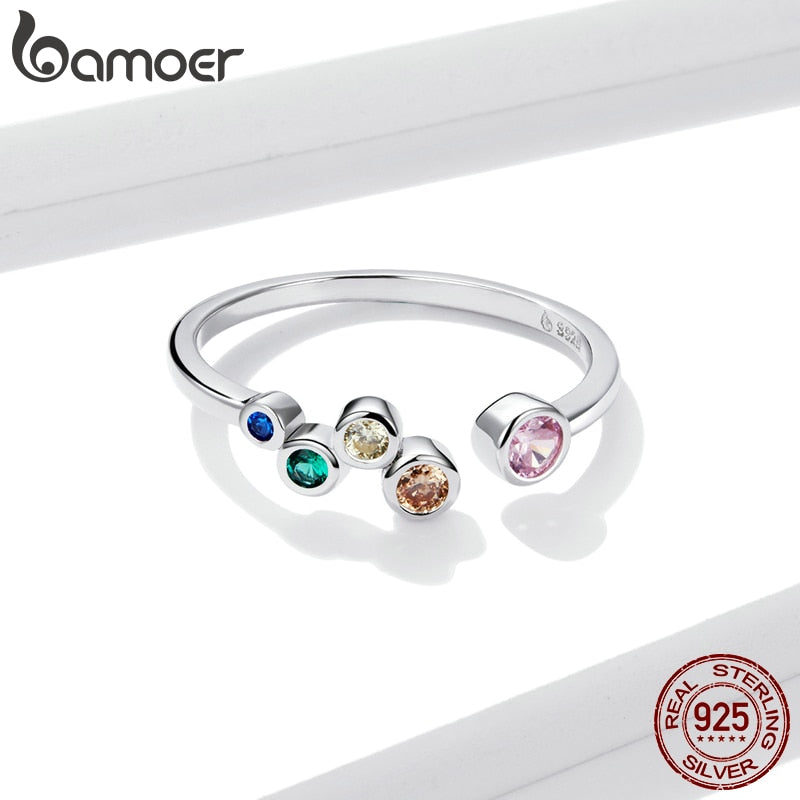 bamoer Sterling Silver 925 Signet Ring Colorful Bubbles Open Finger Rings for Women Free Size Korean Style Jewelry BSR149