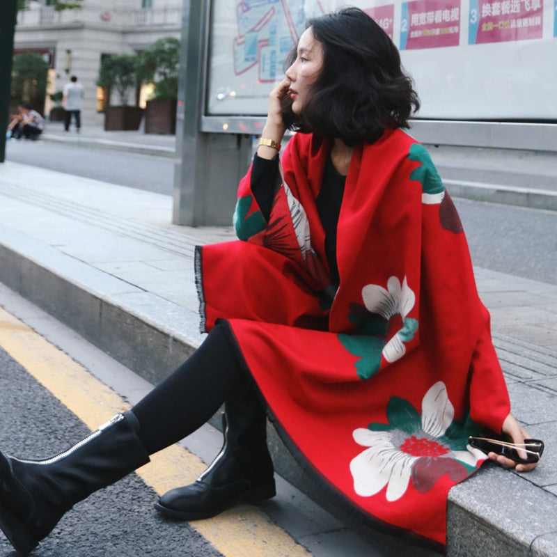 VISROVER Luxusmarke Frau Winterschal Mode weibliche Schals Kaschmir Handfeeling Winter Wraps Blumenwebart Winter Hijab Schal