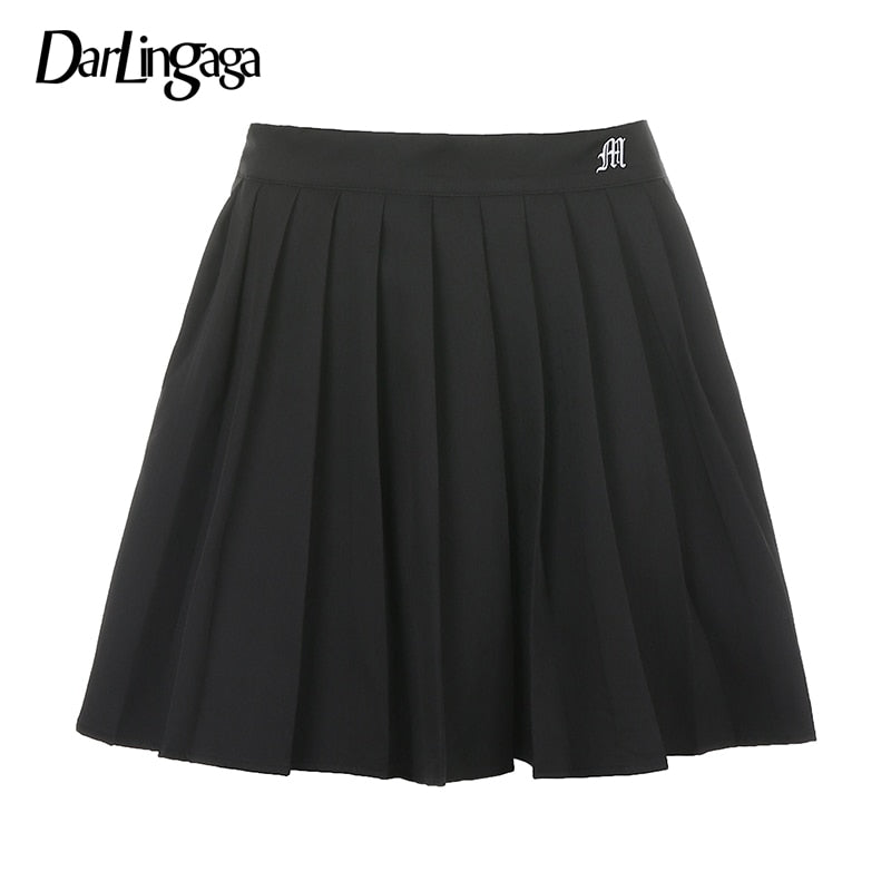 Darlingaga Casual White Letter Embroidery High Waist Woman Skirts Summer Fashion Pleated Skirt Short 2022 Girls Mini Skirt